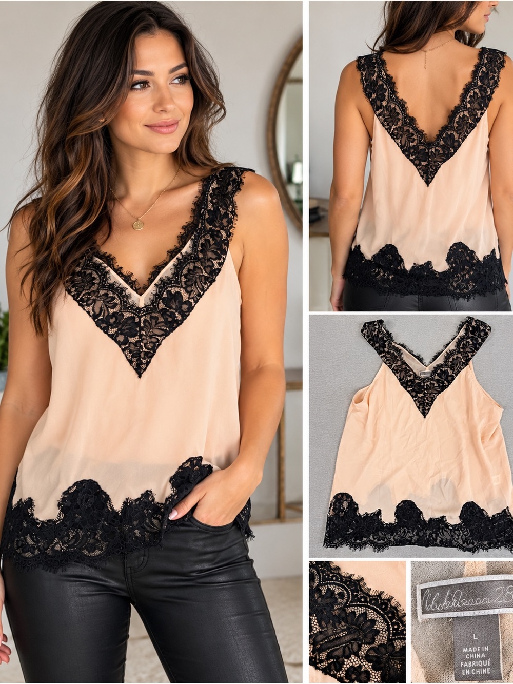 Naked Zebra Blush Black Lace Camisole Top L Romantic Sheer Y2K